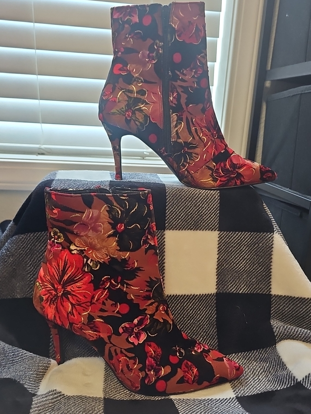 Steve Madden Red and Black Floral Velvet Ankle Boots